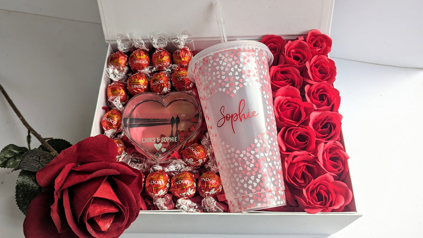 Personalised Valentine's Gift Box | Dozen Red Roses | Wife Girlfriend Fiancée Romantic Present | Flowers & Chocolate | Cold Cup Photo Frame