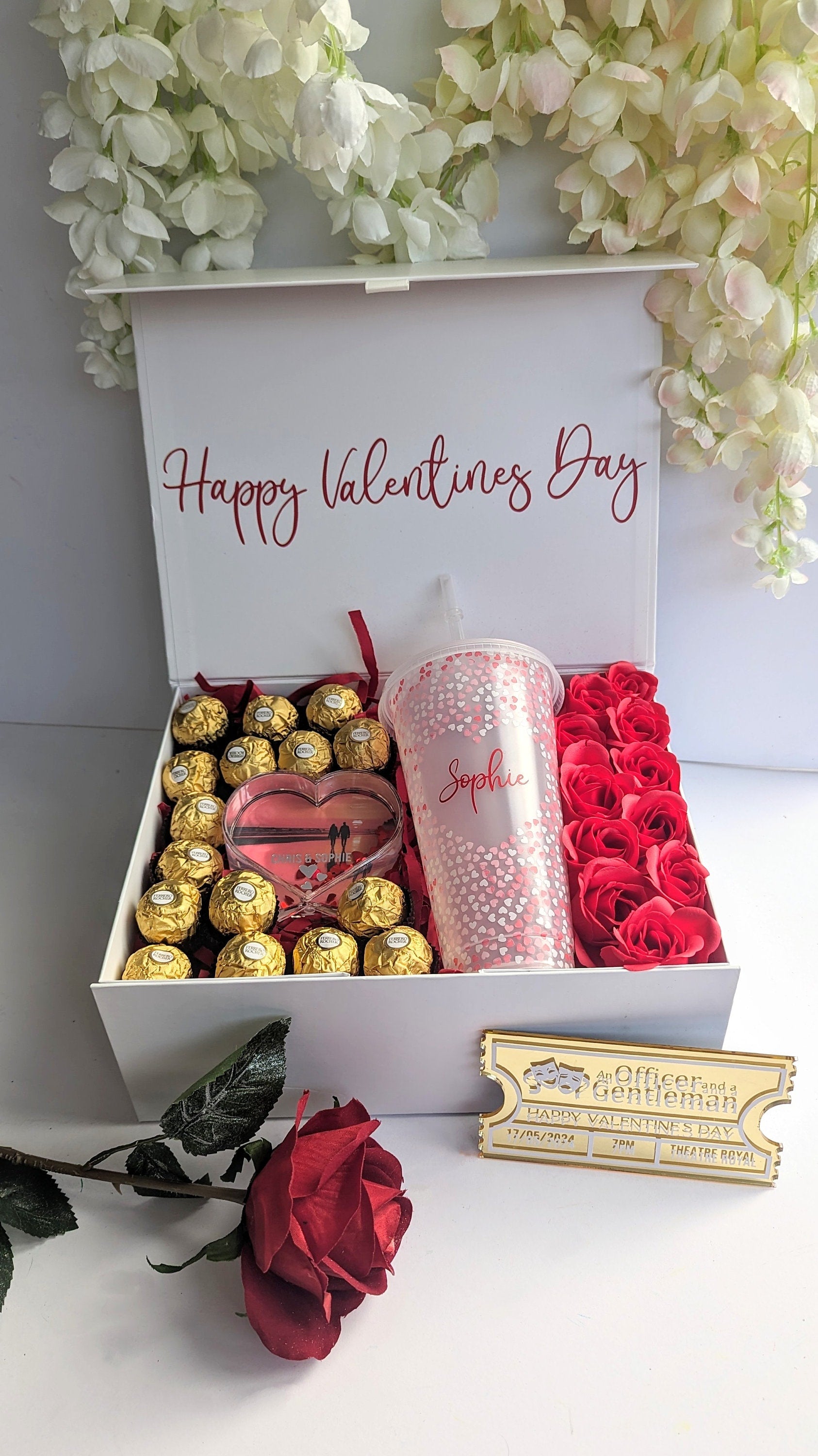 Personalised Valentine's Gift Box | Dozen Red Roses | Wife Girlfriend Fiancée Romantic Present | Flowers & Chocolate | Cold Cup Photo Frame