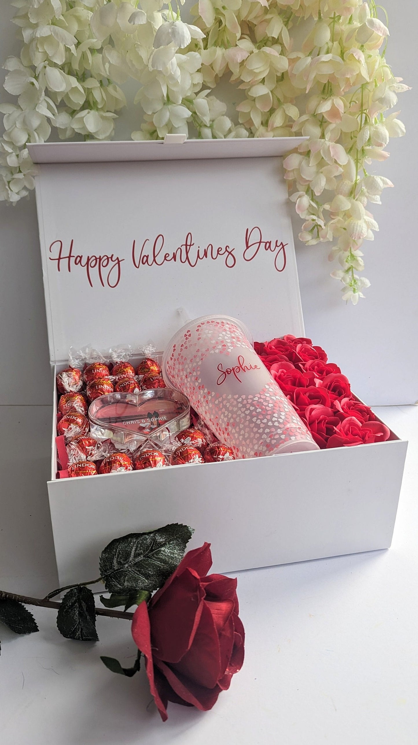 Personalised Valentine's Gift Box | Dozen Red Roses | Wife Girlfriend Fiancée Romantic Present | Flowers & Chocolate | Cold Cup Photo Frame
