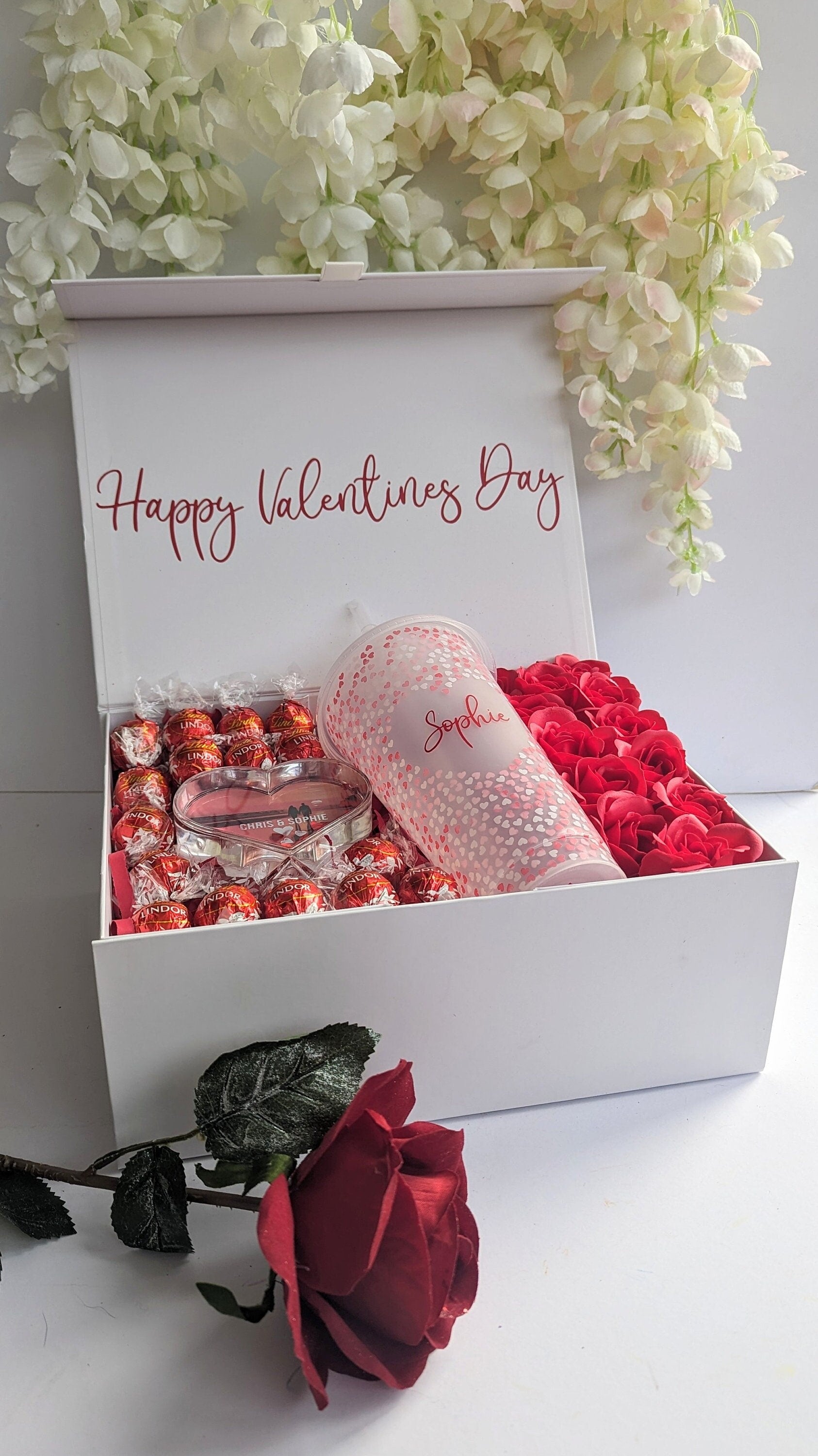 Personalised Valentine's Gift Box | Dozen Red Roses | Wife Girlfriend Fiancée Romantic Present | Flowers & Chocolate | Cold Cup Photo Frame