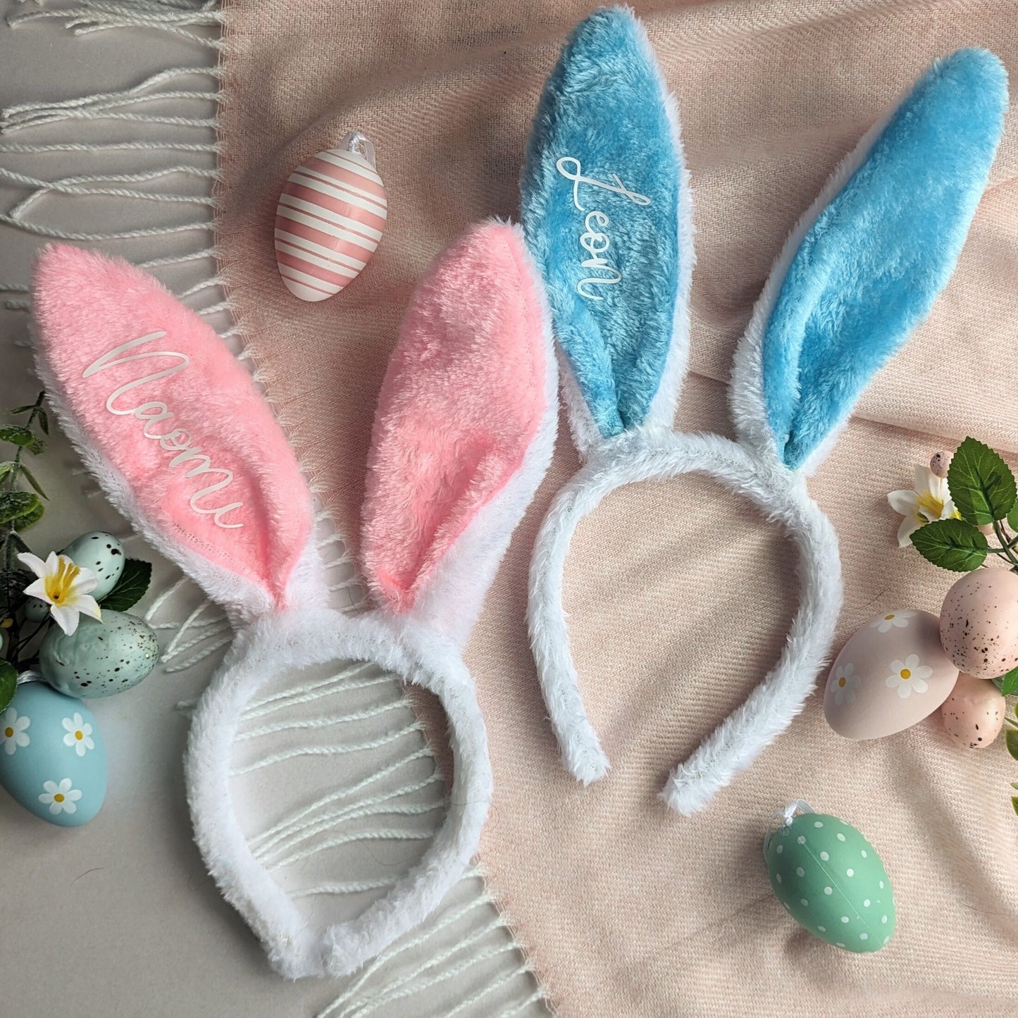 Personalised Bunny Ears | Kids Easter Gift | Easter Photo Shoot Prop | Rabbit Ear Headband | Custom Name Bunny Ears | Pink or Blue