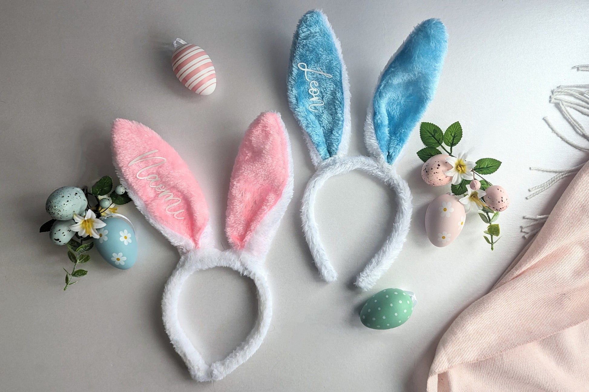 Personalised Bunny Ears | Kids Easter Gift | Easter Photo Shoot Prop | Rabbit Ear Headband | Custom Name Bunny Ears | Pink or Blue