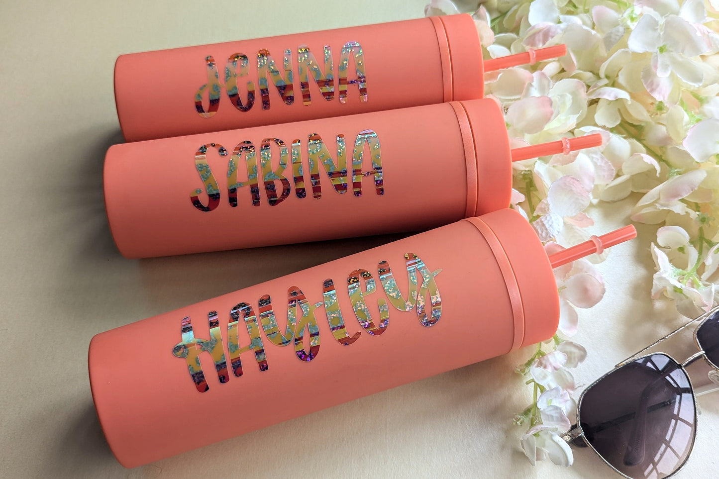 Personalised Water Bottle Skinny Tumbler | Coral Peach Water Bottle | Summer Vibes | Holiday Vacation Essentials | Double Walled Tumbler