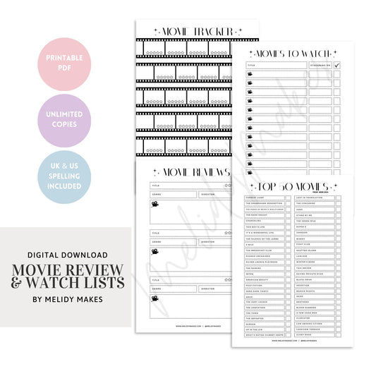 Movie Rewiew Printable | Watch List Printable Download | Digital Planning Page | Planner Page | Movie Lover Gift | Film Buff Gift