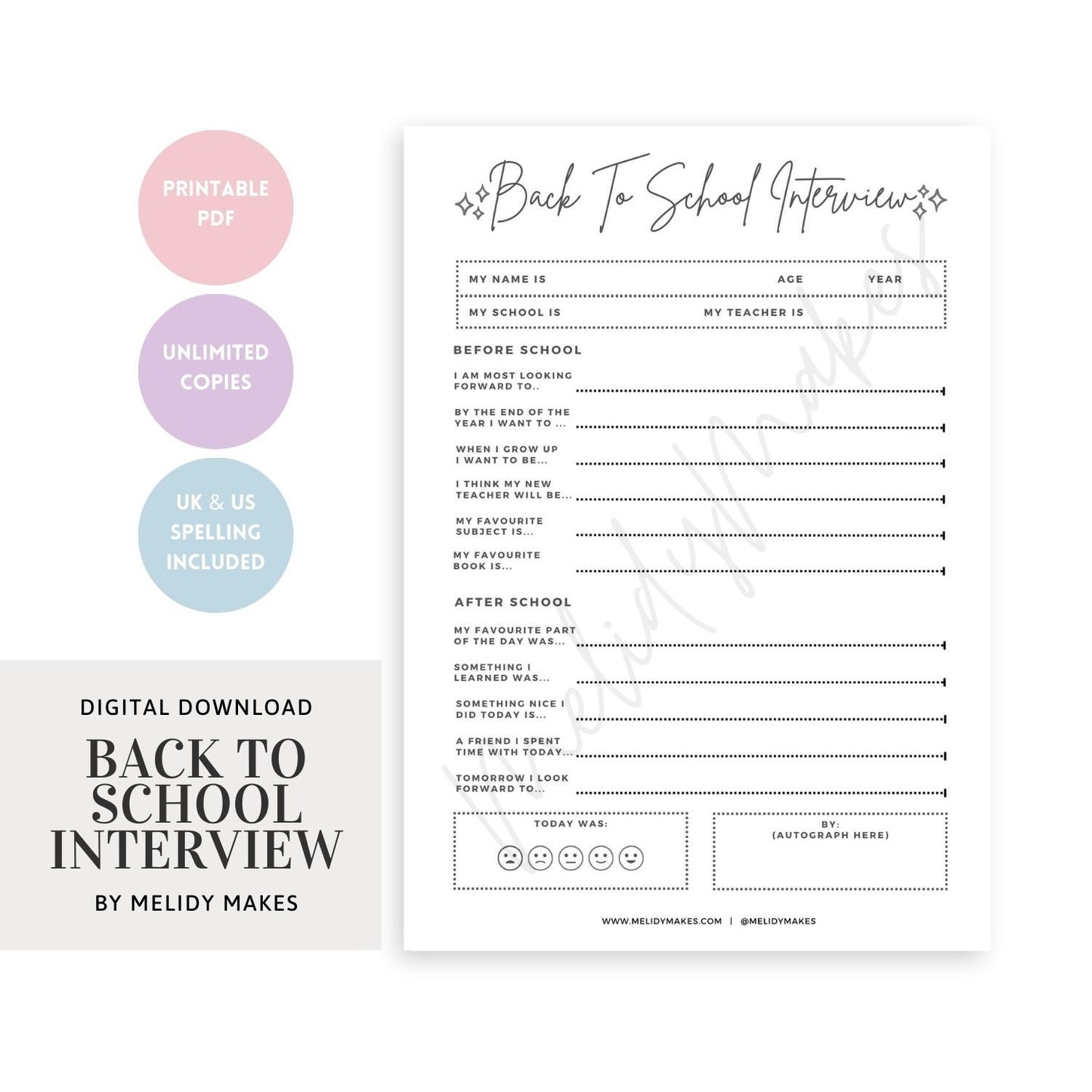 Back To School Interview | Memory Keeping | Classroom Teacher Printable | Digital Planner Page | First Day of School Download