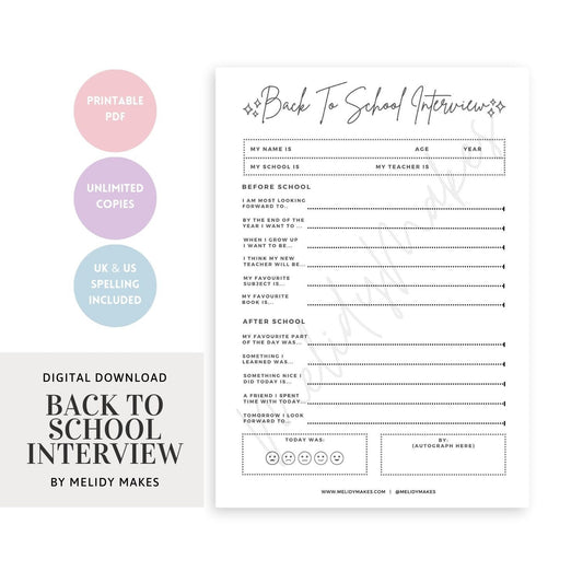 Back To School Interview | Memory Keeping | Classroom Teacher Printable | Digital Planner Page | First Day of School Download
