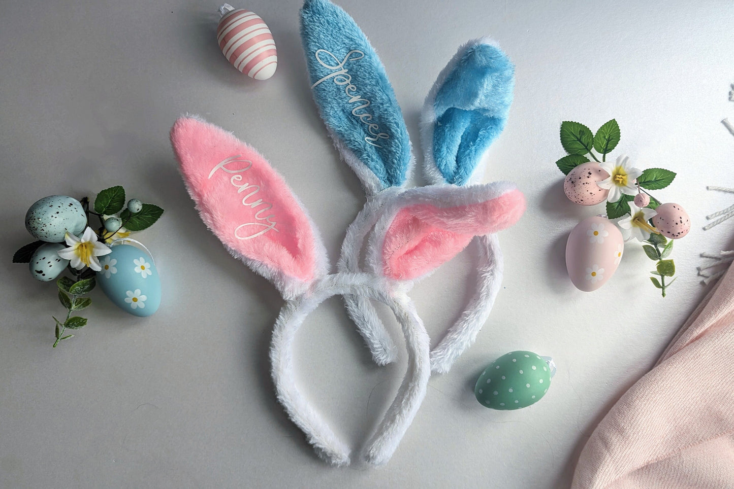 Personalised Bunny Ears | Kids Easter Gift | Easter Photo Shoot Prop | Rabbit Ear Headband | Custom Name Bunny Ears | Pink or Blue