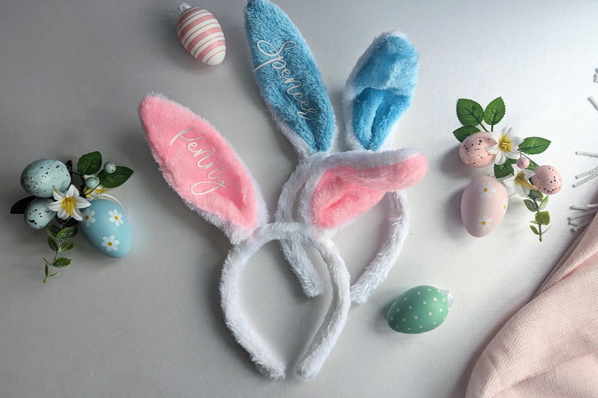 Personalised Bunny Ears | Kids Easter Gift | Easter Photo Shoot Prop | Rabbit Ear Headband | Custom Name Bunny Ears | Pink or Blue
