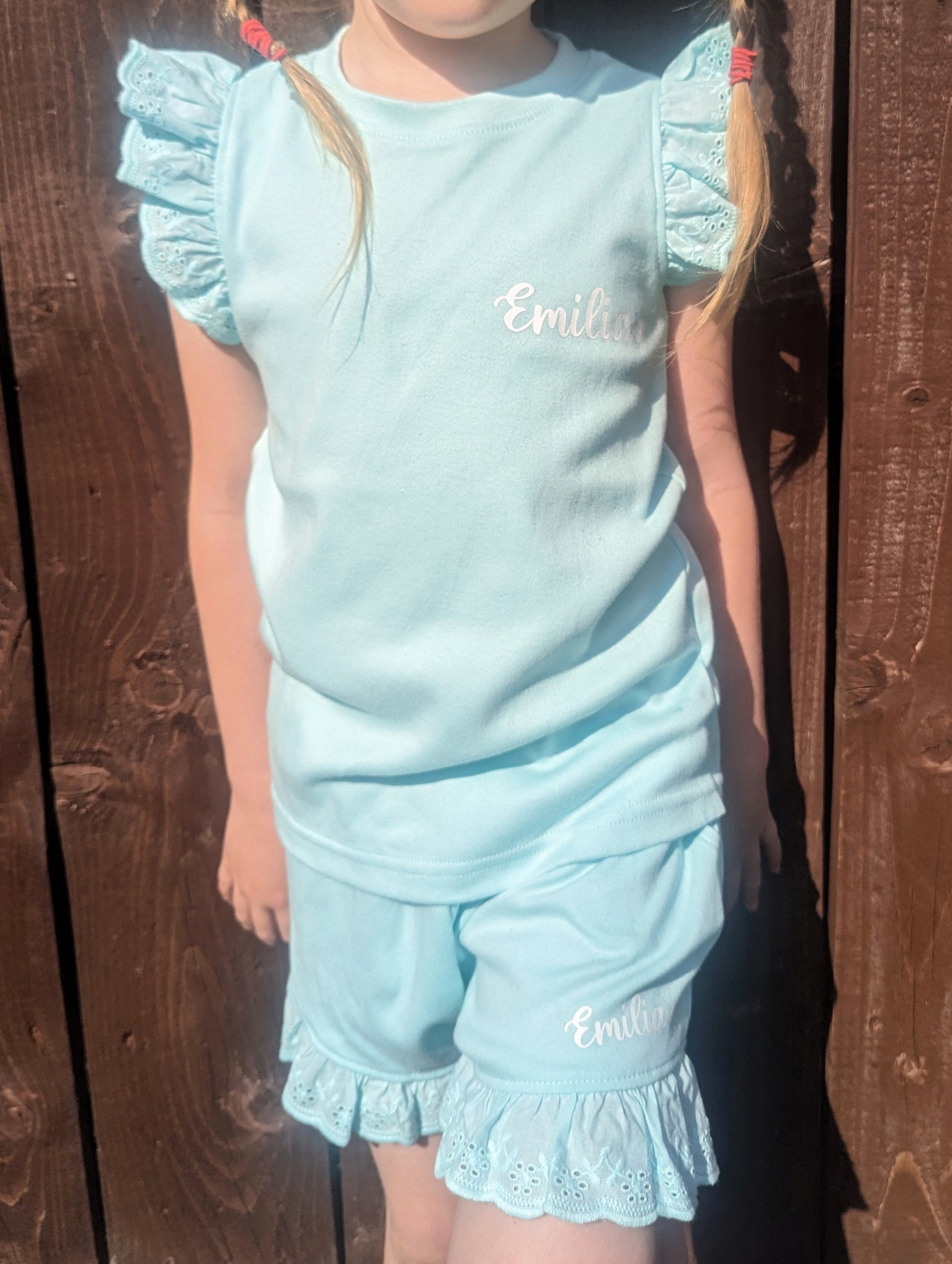 Personalised Girls Shorts and T-shirt Set | Frill Girls Clothing | Choice of Pink, Blue, Tan or Yellow | Girls Summer Fashion | Heat Wave