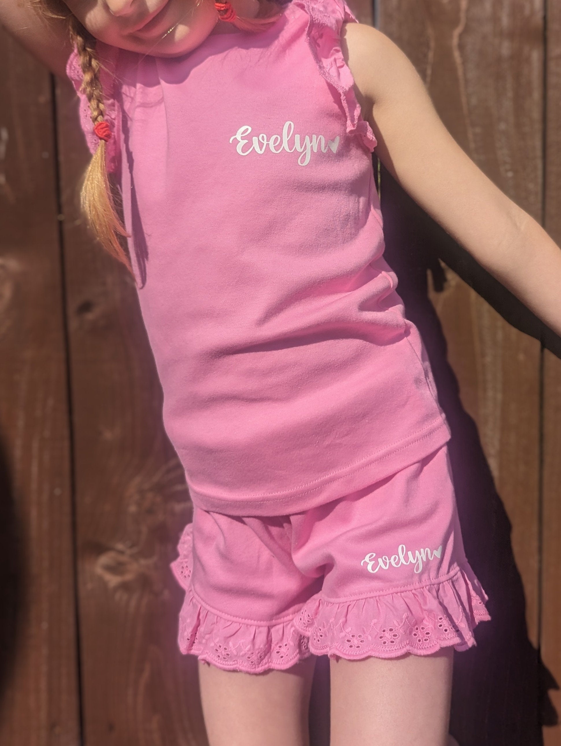 Personalised Girls Shorts and T-shirt Set | Frill Girls Clothing | Choice of Pink, Blue, Tan or Yellow | Girls Summer Fashion | Heat Wave