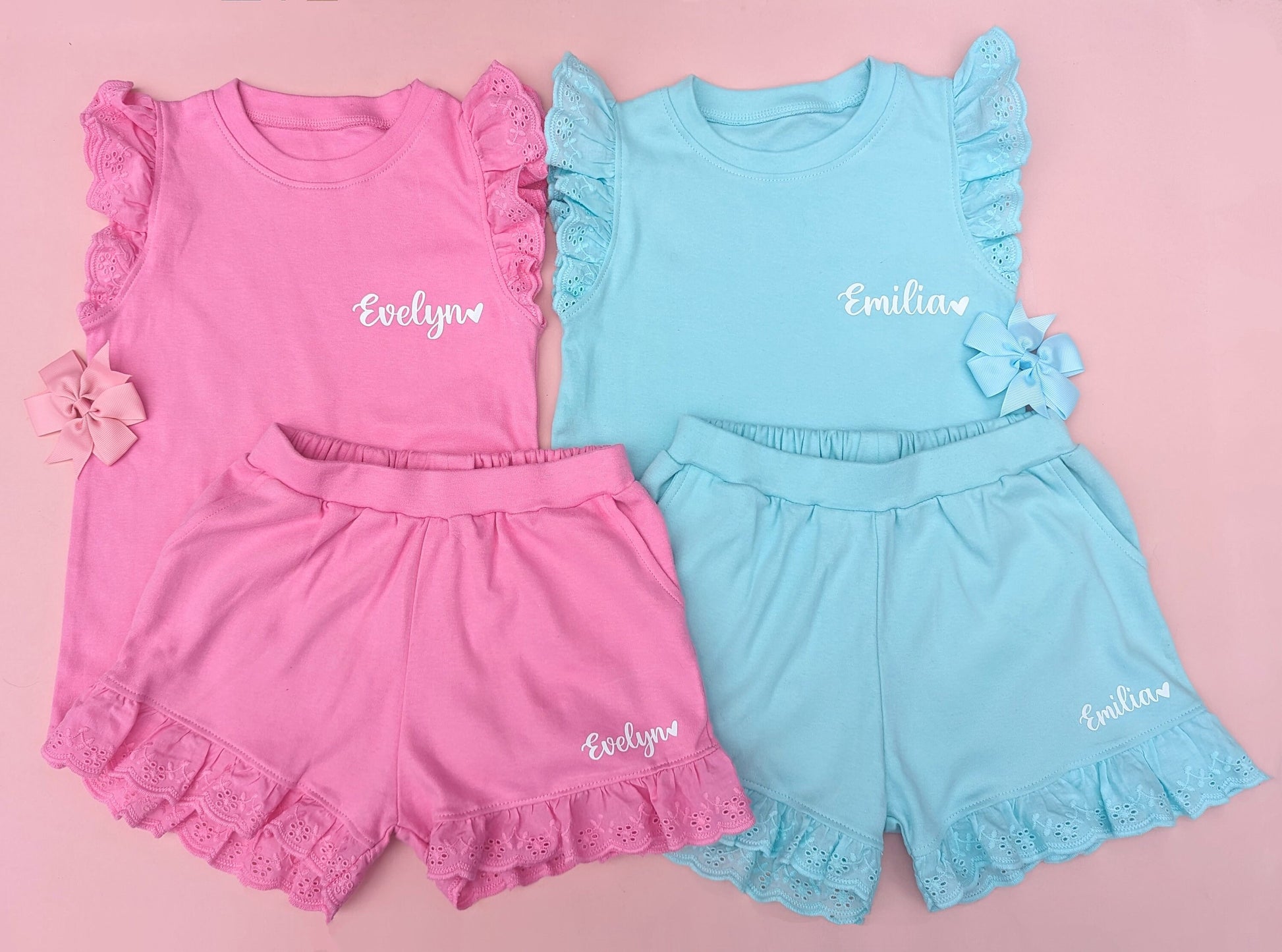 Personalised Girls Shorts and T-shirt Set | Frill Girls Clothing | Choice of Pink, Blue, Tan or Yellow | Girls Summer Fashion | Heat Wave