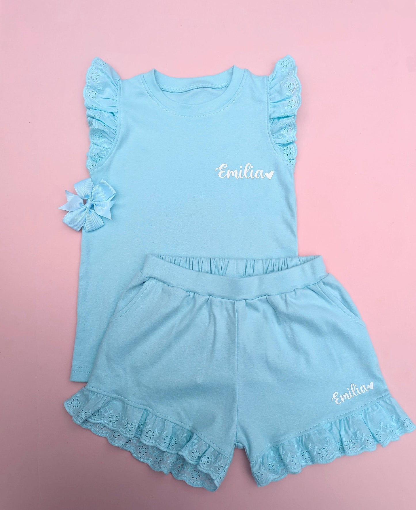 Personalised Girls Shorts and T-shirt Set | Frill Girls Clothing | Choice of Pink, Blue, Tan or Yellow | Girls Summer Fashion | Heat Wave