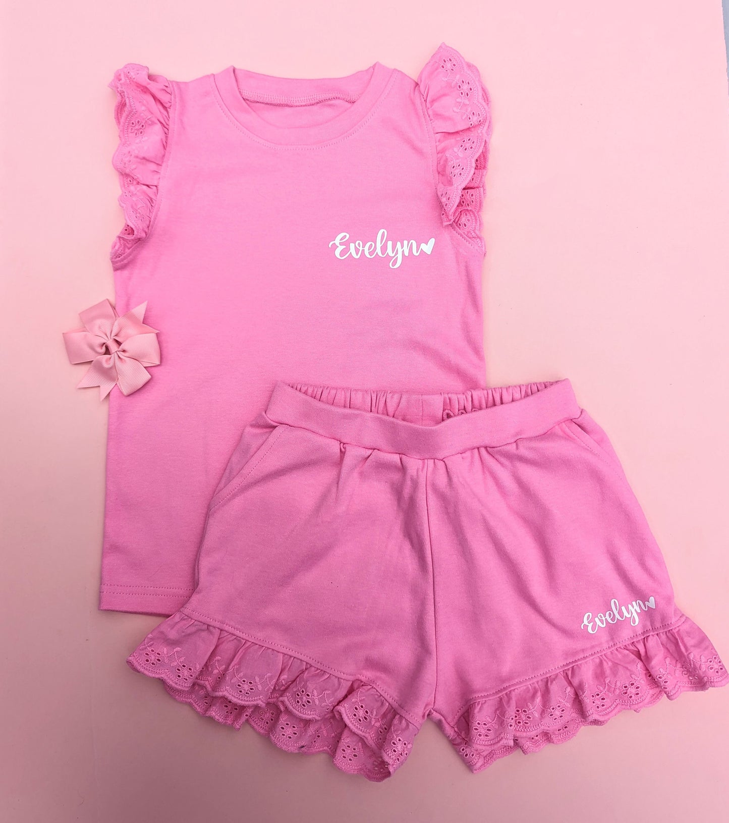 Personalised Girls Shorts and T-shirt Set | Frill Girls Clothing | Choice of Pink, Blue, Tan or Yellow | Girls Summer Fashion | Heat Wave