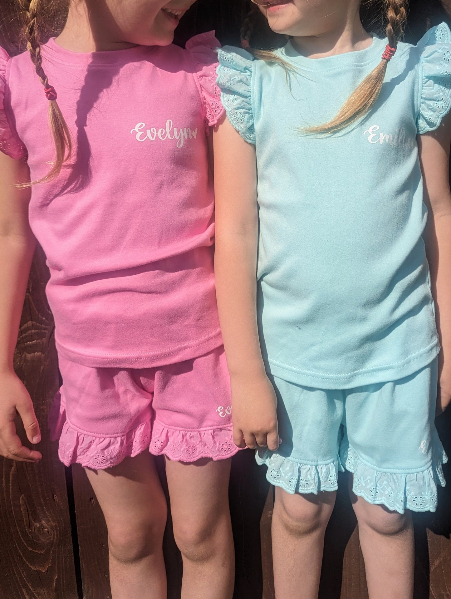 Personalised Girls Shorts and T-shirt Set | Frill Girls Clothing | Choice of Pink, Blue, Tan or Yellow | Girls Summer Fashion | Heat Wave