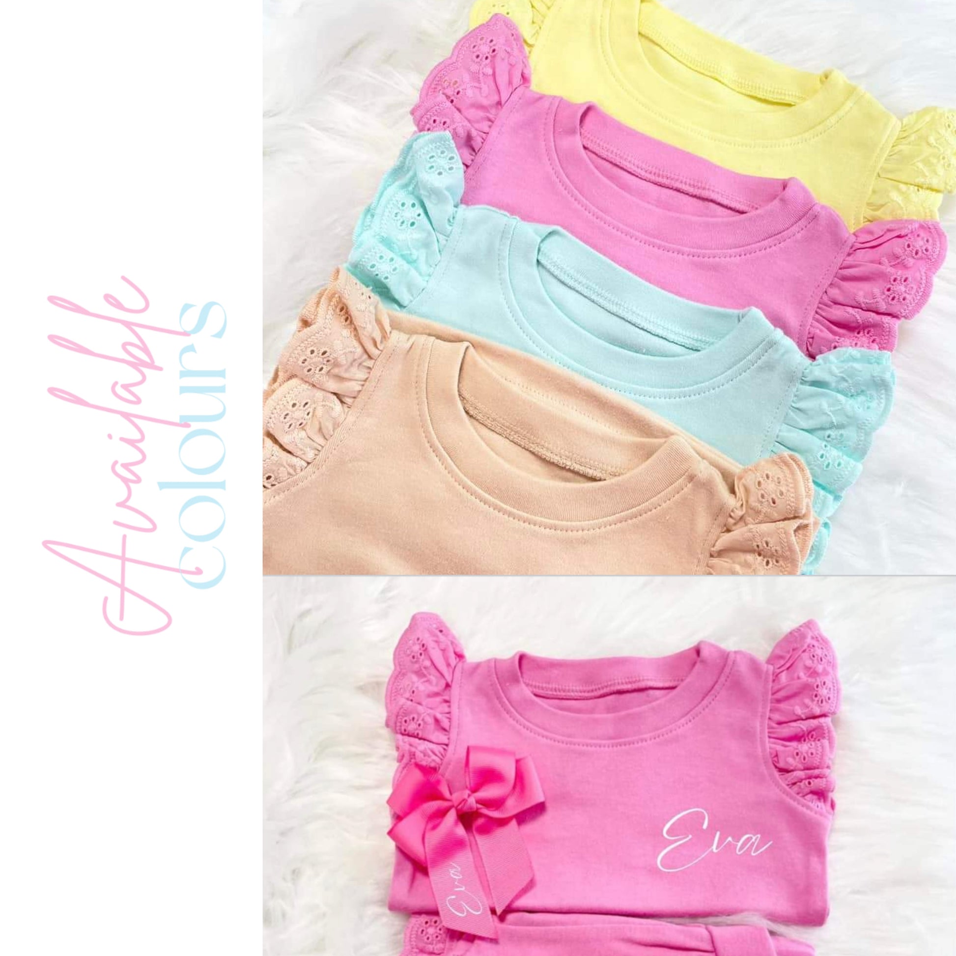 Personalised Girls Shorts and T-shirt Set | Frill Girls Clothing | Choice of Pink, Blue, Tan or Yellow | Girls Summer Fashion | Heat Wave