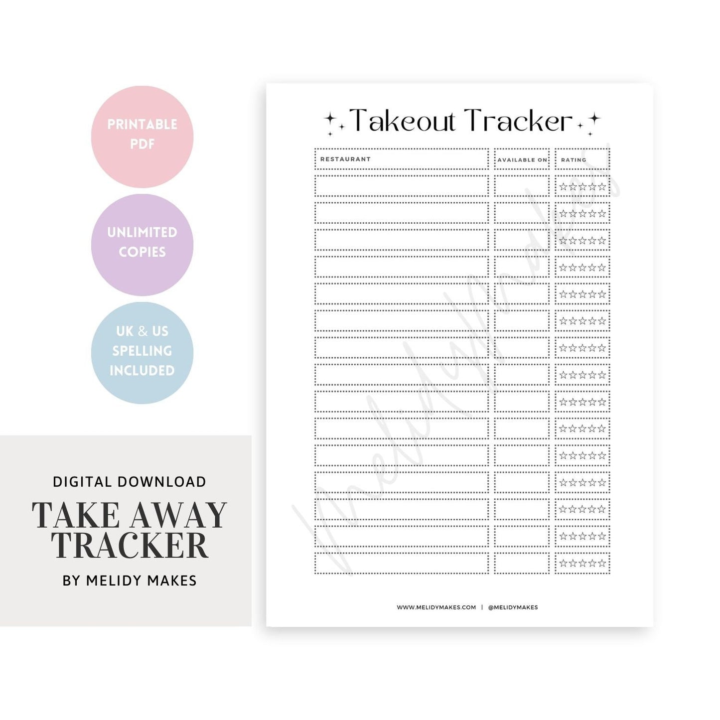 Takeaway / Takeout Tracker | Food Review Printable Download | Digital Planning Page | Planner Page | New Home Gift | Moving House Gift