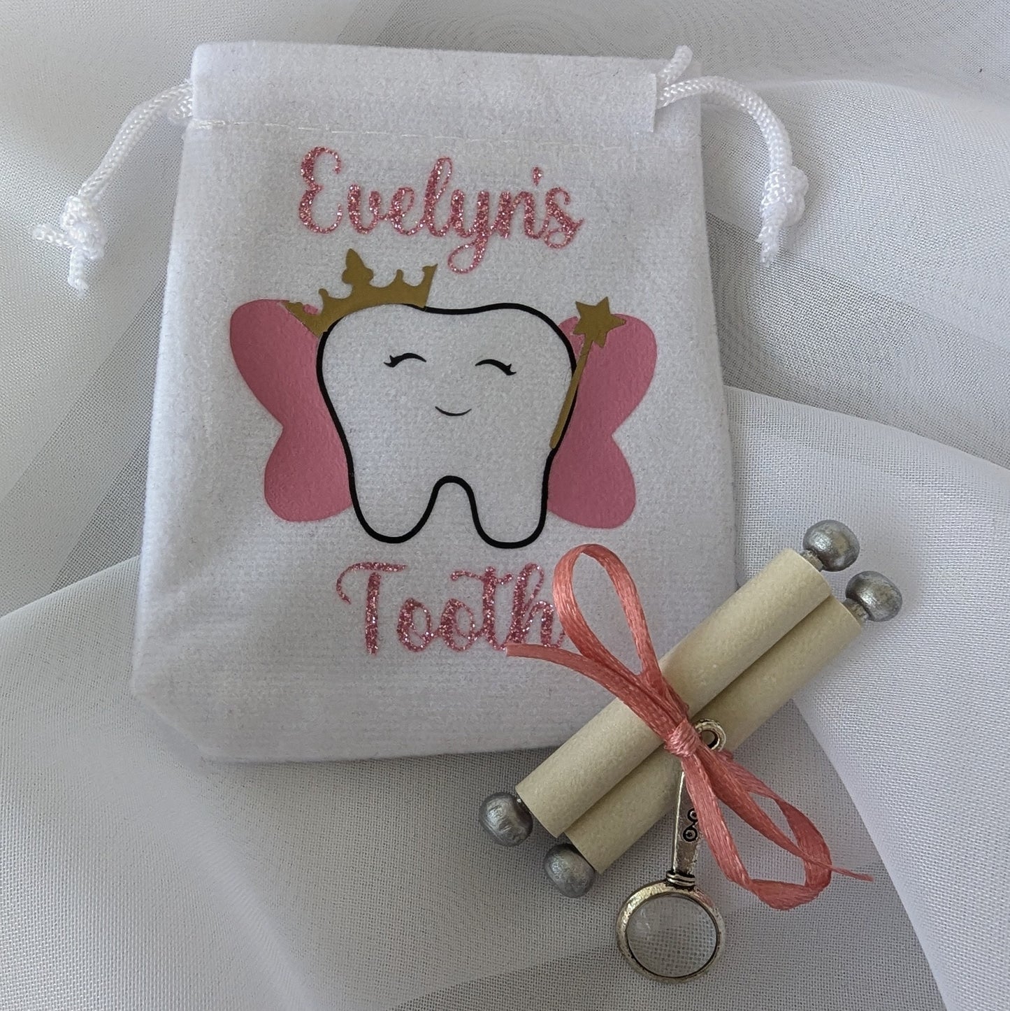 Personalised Tooth Fairy Pouch and Letter | Lost Tooth | Fairy Mail | Tiny Scroll Letter | Suitable for boys and girls | First Tooth Gift