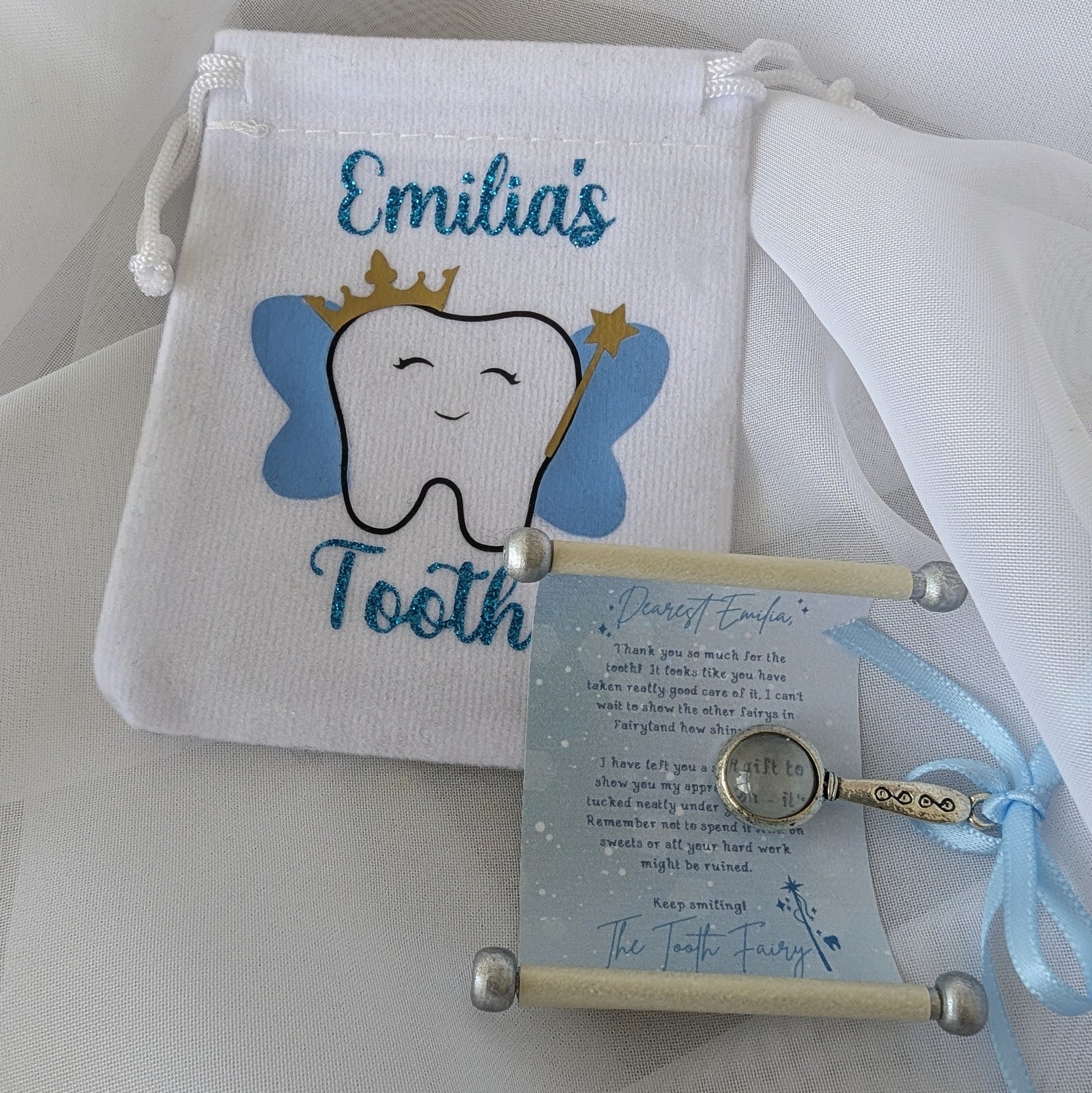 Personalised Tooth Fairy Pouch and Letter | Lost Tooth | Fairy Mail | Tiny Scroll Letter | Suitable for boys and girls | First Tooth Gift