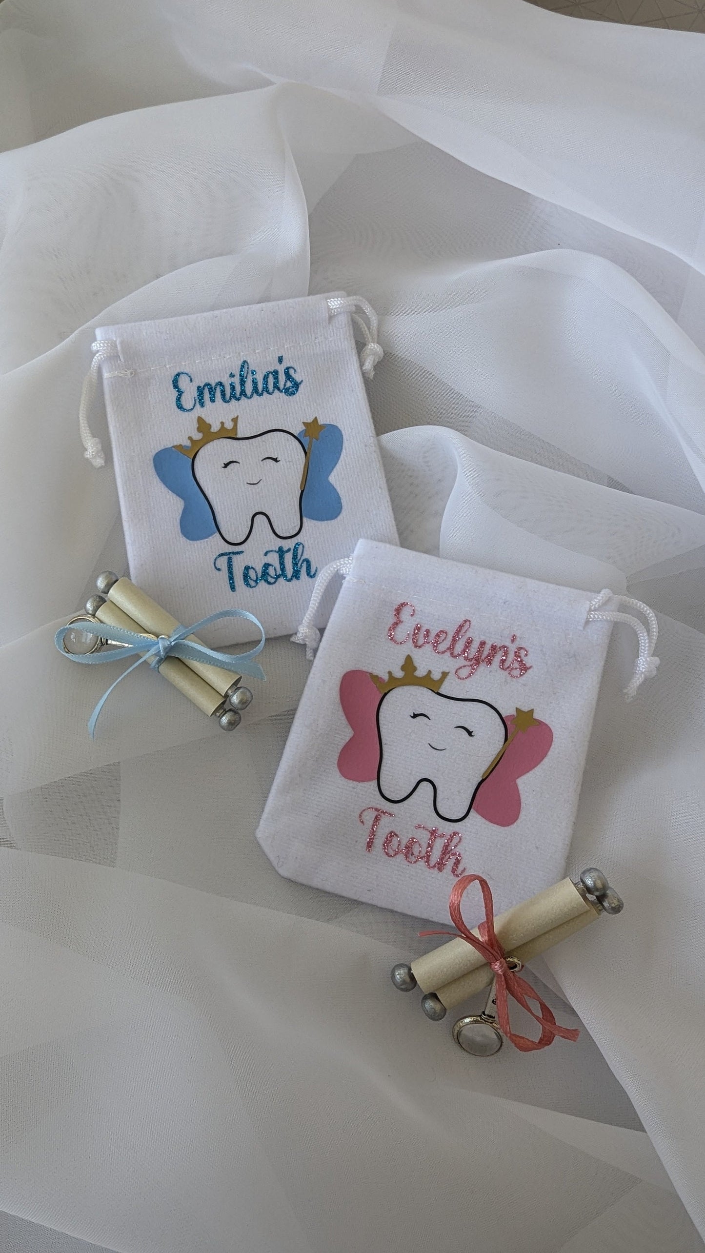 Personalised Tooth Fairy Pouch and Letter | Lost Tooth | Fairy Mail | Tiny Scroll Letter | Suitable for boys and girls | First Tooth Gift