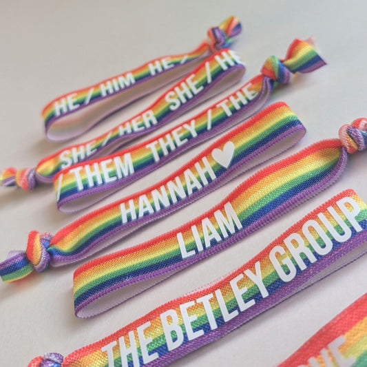 Personalised Rainbow Pride Wristband Elastics | London Pride | Love is Love | LGBTQ+ and Proud | Pride Parade | Teacher /Work | Hair Elastic