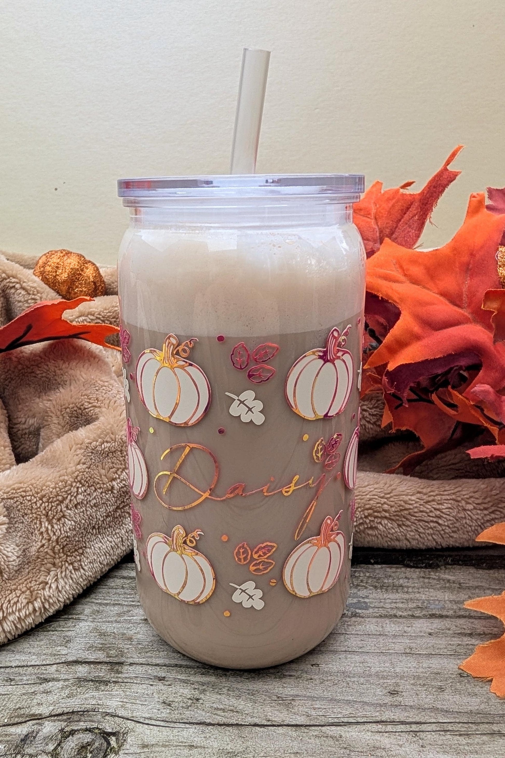 Personalised Pumpkin Cup (16oz) | Pumpkin Spice Latte Cup | Drinks Tumbler | Autumnal Coffee Cup | Fall Glass | Plastic Tumbler Wrap