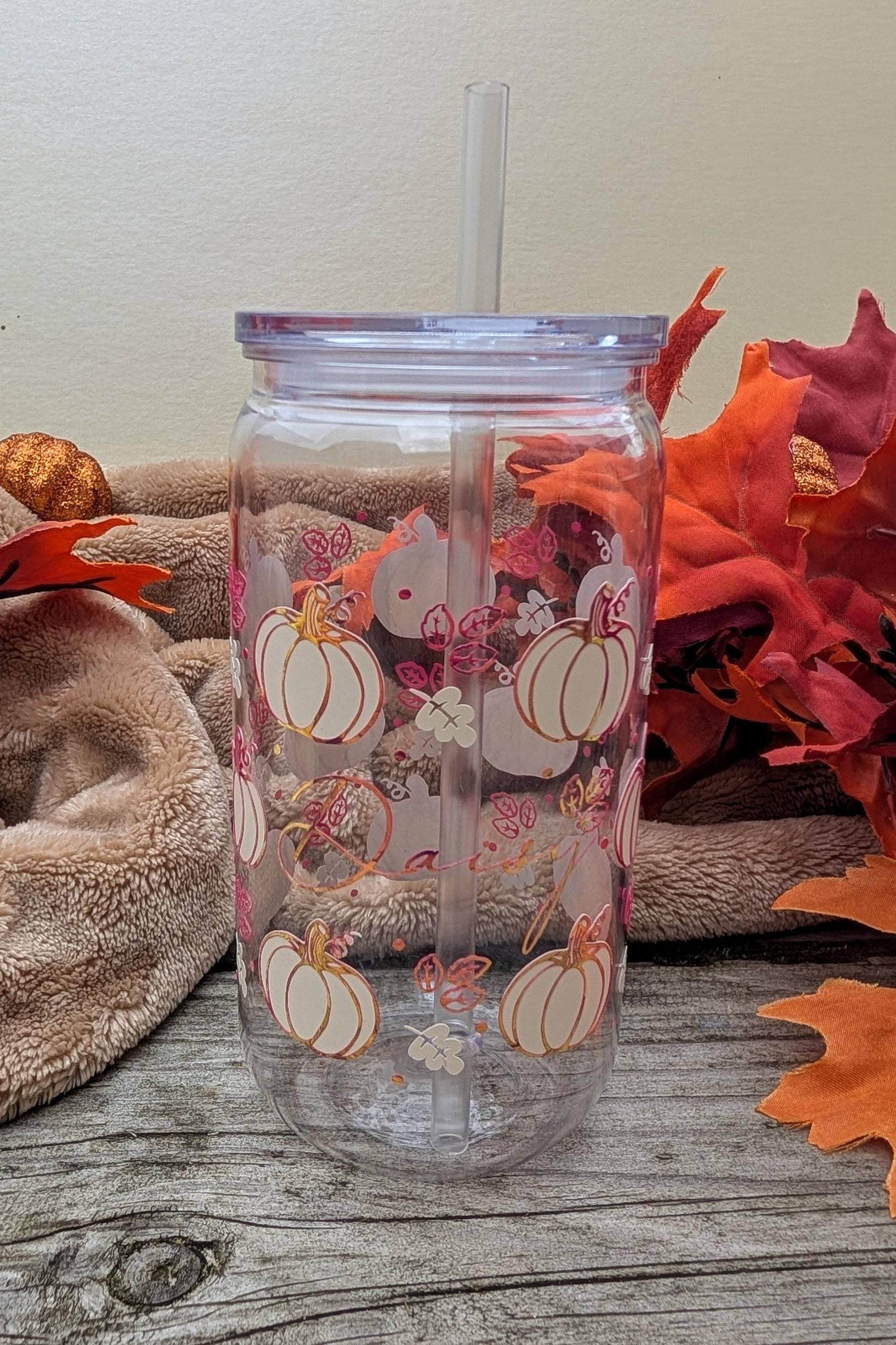 Personalised Pumpkin Cup (16oz) | Pumpkin Spice Latte Cup | Drinks Tumbler | Autumnal Coffee Cup | Fall Glass | Plastic Tumbler Wrap