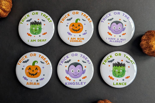 Personalised Halloween Badge | Trick or Treat Badge | Frankenstein / Pumpkin / Vampire Badge | Kids Halloween Gift | Boo Basket Filler