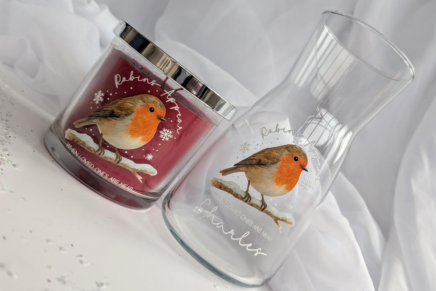 Personalised Christmas Robin Memory Candle and Vase Set | Robins appear when loved ones are near | In Loving Memory Gift | Remembrance Gift