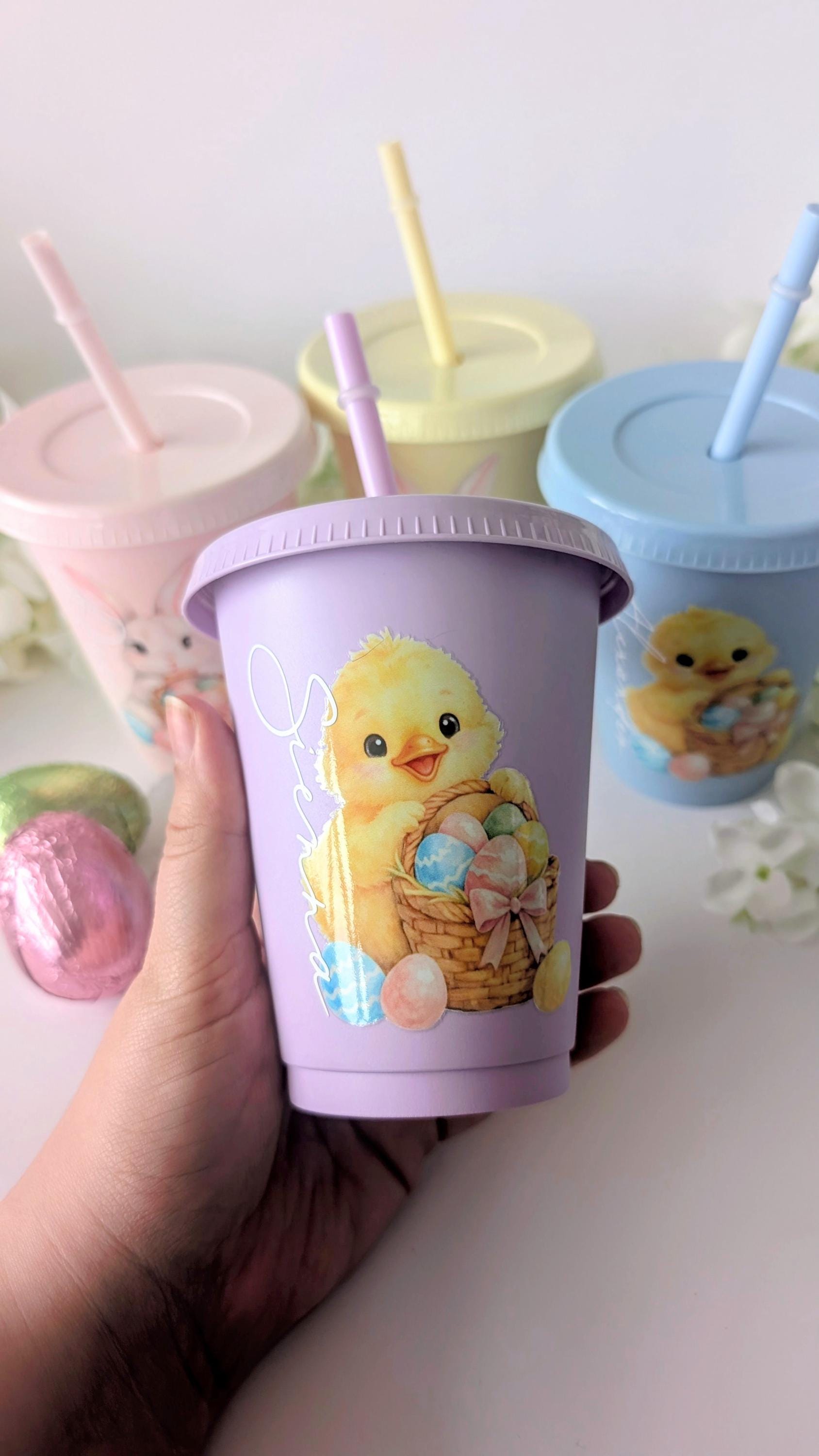 Personalised Easter Cup (16oz) | Bunny Cold Cup | Chick Cold Cup | Pastel 16oz Cold Cups | Easter Basket Stuffers | Kids Easter Gift