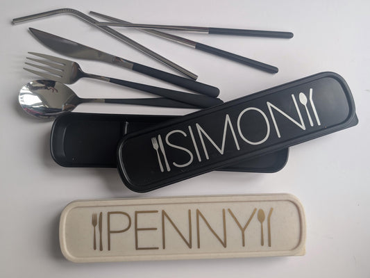 Personalised Metal Travel Cutlery Sets | Reusable Travel Knife Fork Spoon Straw Set | Work / School Lunch Box | Plastic Free Eco-friendly