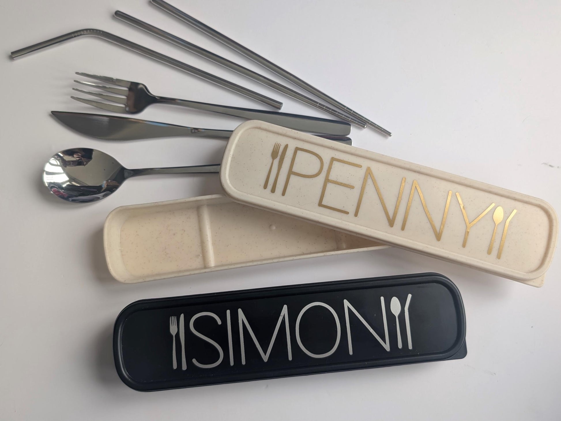 Personalised Metal Travel Cutlery Sets | Reusable Travel Knife Fork Spoon Straw Set | Work / School Lunch Box | Plastic Free Eco-friendly