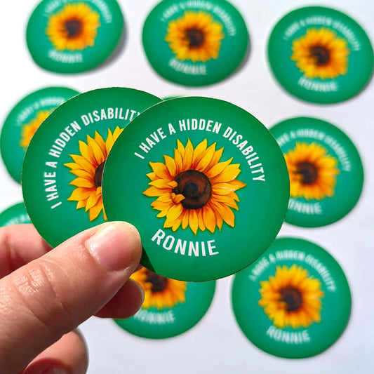 Personalised Hidden Disability Sunflower Badge | SEN Badge | Autism Button Badge | Deaf, hearing impaired, diabetic, disability badge