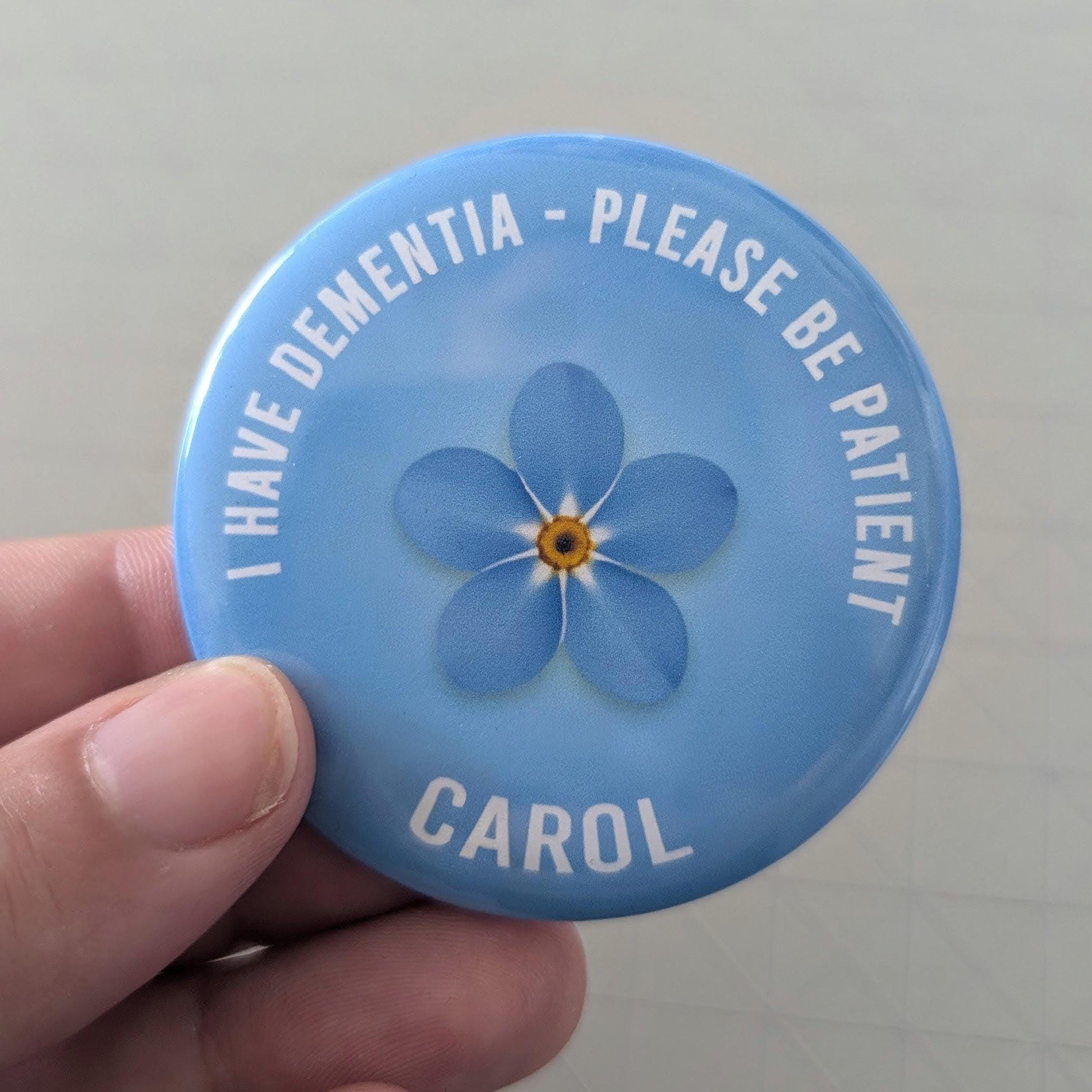 Personalised Dementia Forget Me Not Badge | Disability Badge | Memory Loss Tools | Alzheimer's Badge