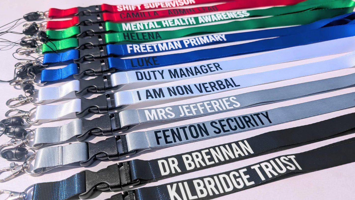 Personalised Solid Colour Lanyard | Teacher / Work Lanyard | Custom Wording | Red, Green, Blue, White, Grey, Black lanyard