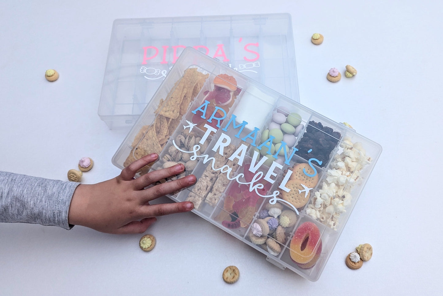 Personalised Travel Snacks Box | FOOD SAFE | Plane Snacks | Road Trip Snacks | Child Snack Box with Compartments | Long Journey | Child Holiday Gift