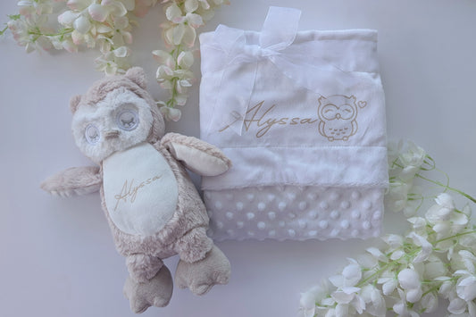 Personalised Owl Teddy & Blanket | Gender Neutral Newborn Gift | Baby Shower Gift | New Mum Gift | New Baby Blanket | Tan / Neutral Nursery