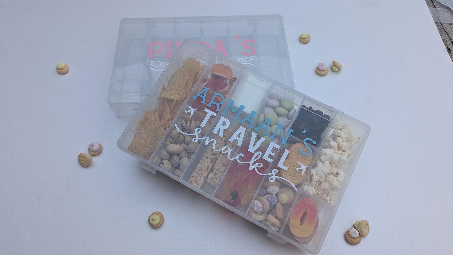 Personalised Travel Snacks Box | FOOD SAFE | Plane Snacks | Road Trip Snacks | Child Snack Box with Compartments | Long Journey | Child Holiday Gift