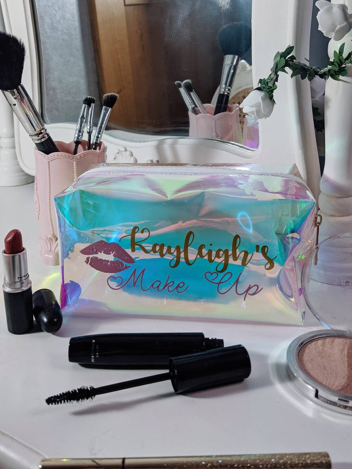 Personalised Holographic Make Up Bag | See Through Cosmetics Bag | Iridescent Toiletry Bag | Beauty Bag | Make up Pouch | Travel Make Up