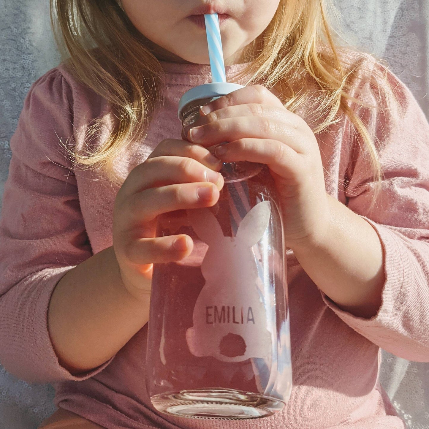 Personalised Etched Glass Milk Bottle With Straw | Rabbit Drinks Bottle | Bunny Juice Bottle | Personalised Kids Bottle | Bunny Theme Party