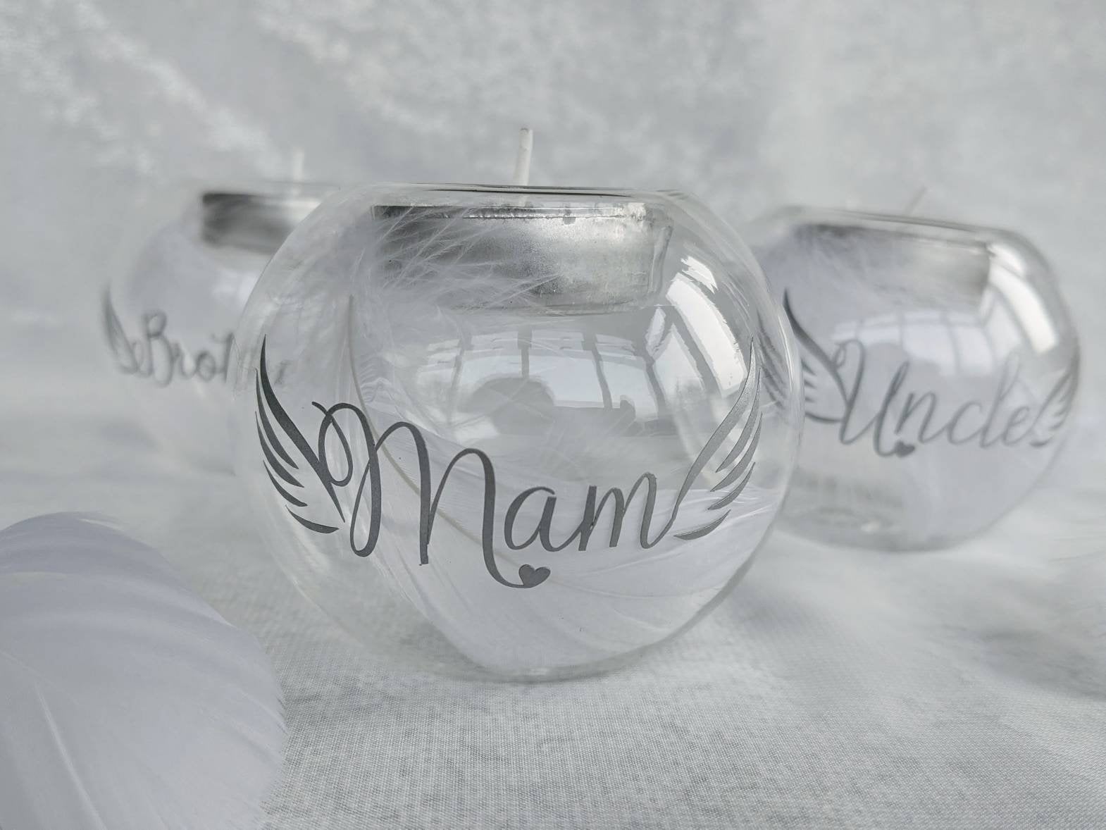 Personalised Memory Tea Light Holder | Feather Memory Gift | In Loving Memory | Memorial Candle |  Loved one | Memory candle | Condolence