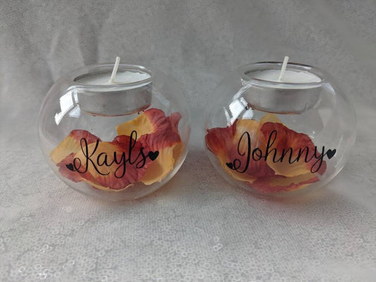 Personalised Couples Glass Tea-light Holders | Wedding Anniversary Gift | Any Colour Petals | Match Wedding Flowers | Dating  | Couples Gift