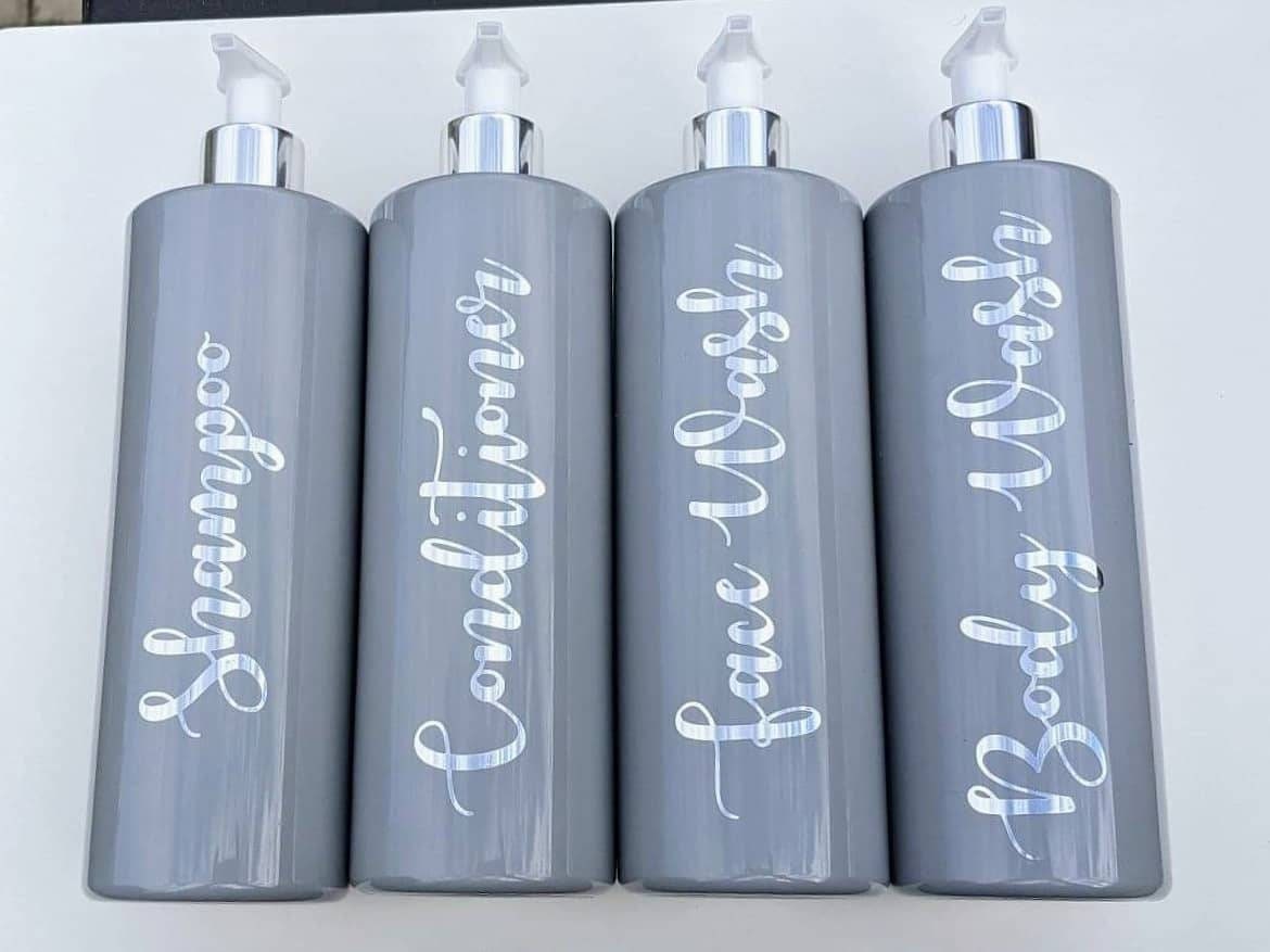 Toiletries Shower Bottles 500ml | Grey and Chrome Bottles | Skin Care | Organisation| Personalised Labels | Mrs Hinch | Mr and Mrs