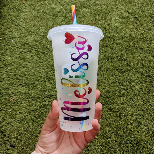 Personalised Colour Changing Rainbow Confetti Cold Cup (24oz) |   Changes Colour with Cold Drink | Drinks Tumbler | Starbucks Style Cup