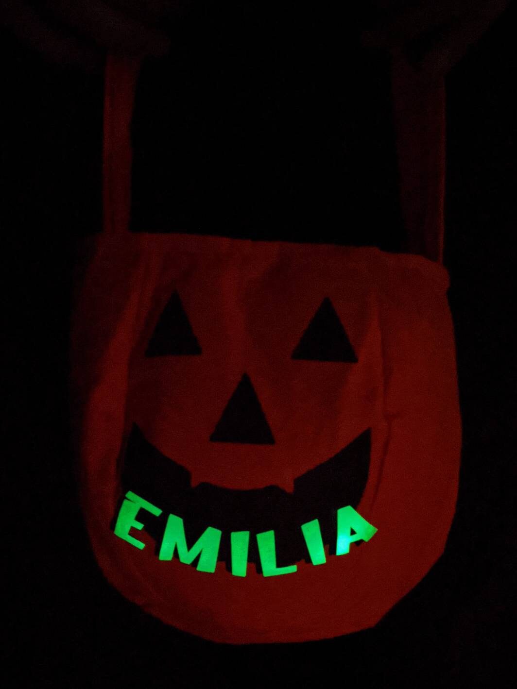 Personalised, Glow In the Dark, Pumpkin Trick or Treat Bag | Halloween Treat Basket | jack o'lantern treat bag | Halloween Party Sweet Bag