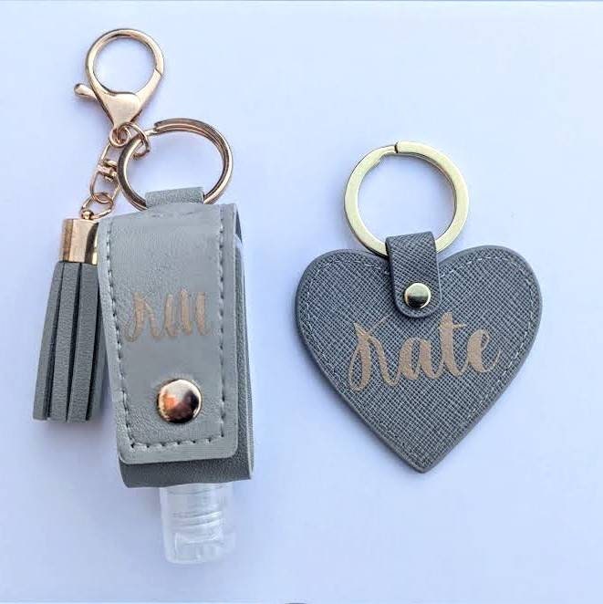 Personalised Faux Leather Sanitiser and Heart Keyring Set | Stocking Stuffer for Women | Bridal Gift | Personalised Keychain | Bag Charm |