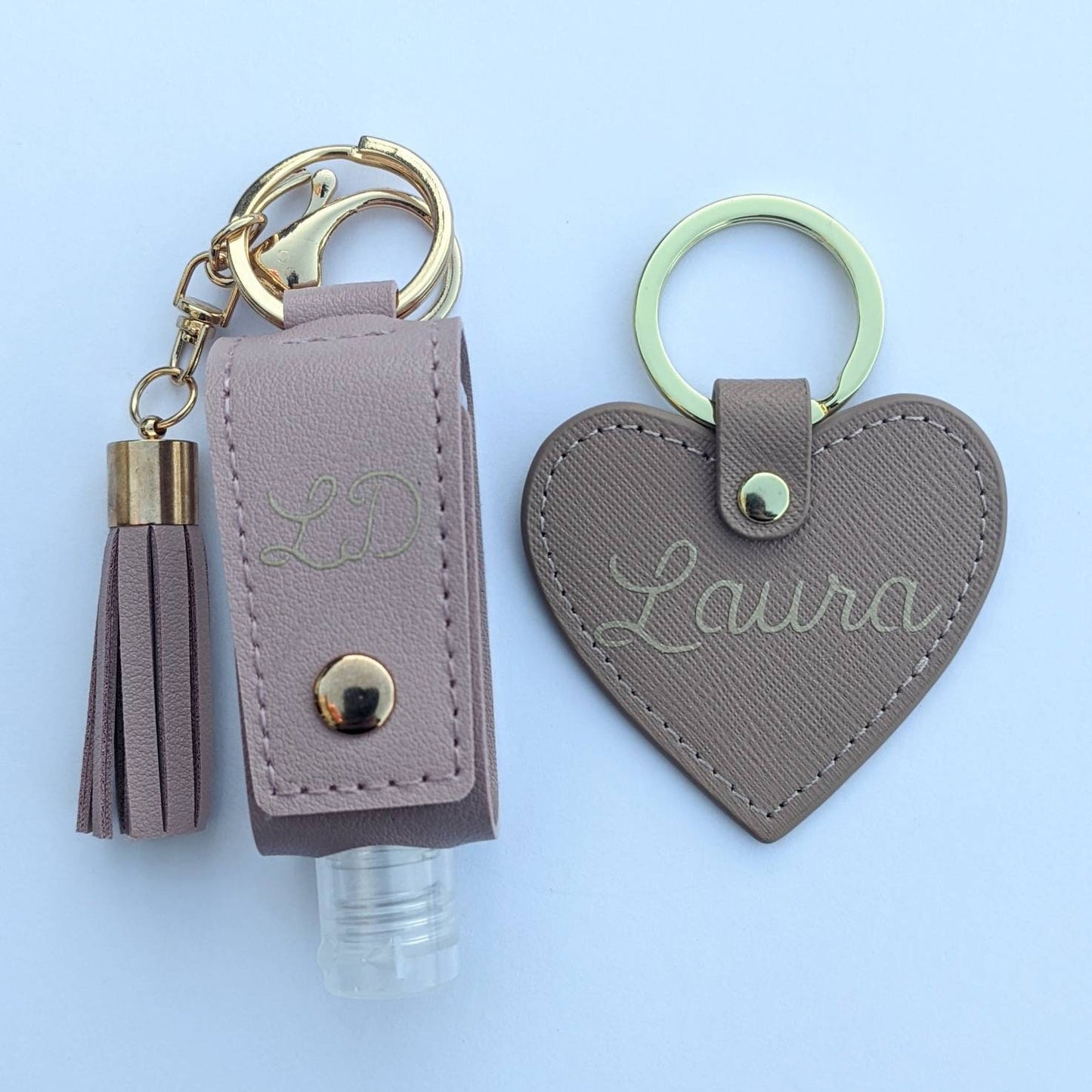 Personalised Faux Leather Sanitiser and Heart Keyring Set | Stocking Stuffer for Women | Bridal Gift | Personalised Keychain | Bag Charm |