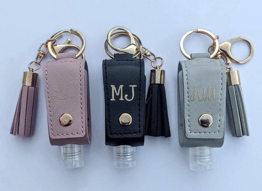 Personalised Faux Leather Sanitiser and Heart Keyring Set | Stocking Stuffer for Women | Bridal Gift | Personalised Keychain | Bag Charm |