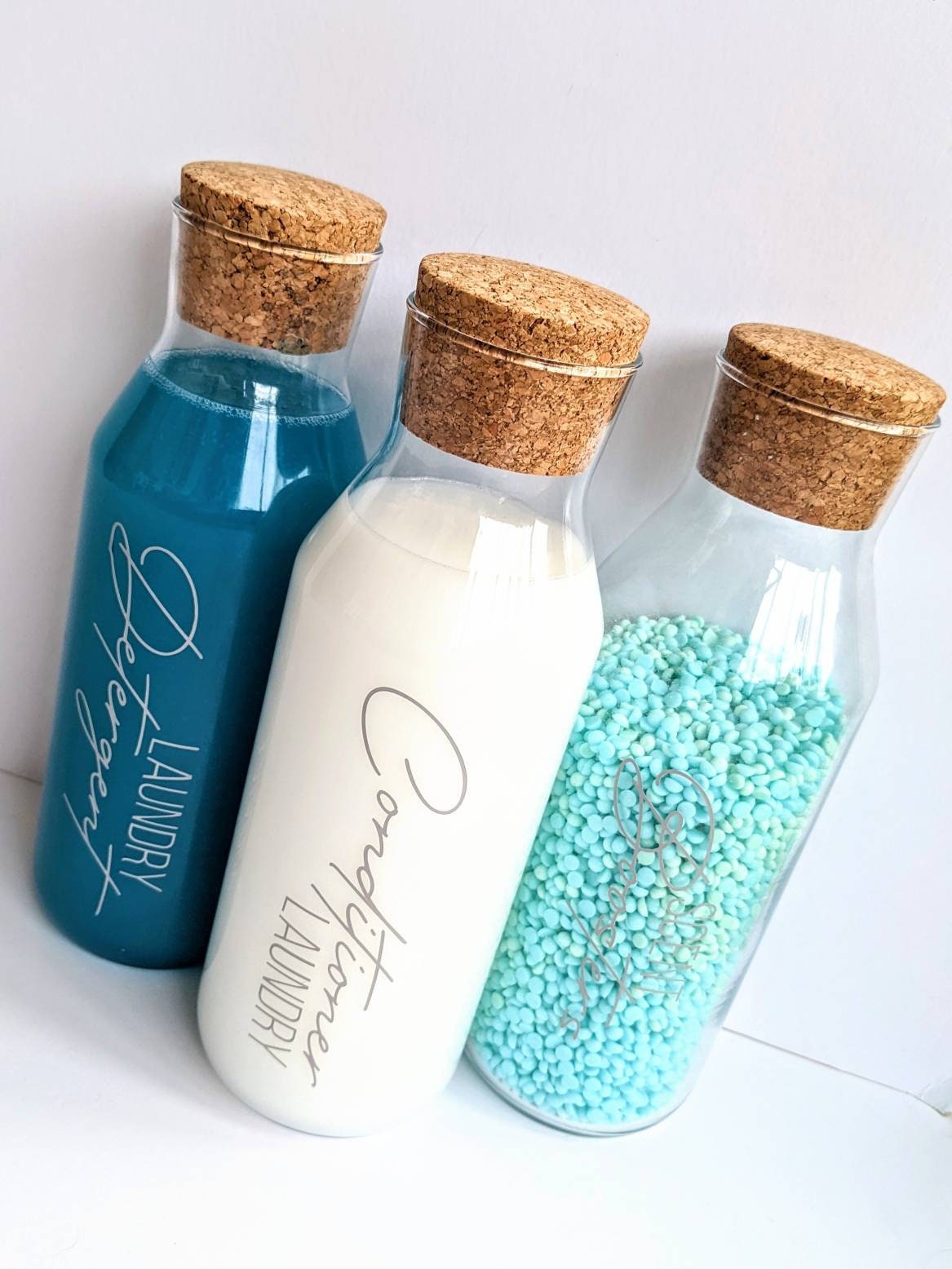 Personalised Laundry Bottles | New Year's Resolution | Laundry Organisation |Glass Storage Cork Bottles for Detergent & Conditioner