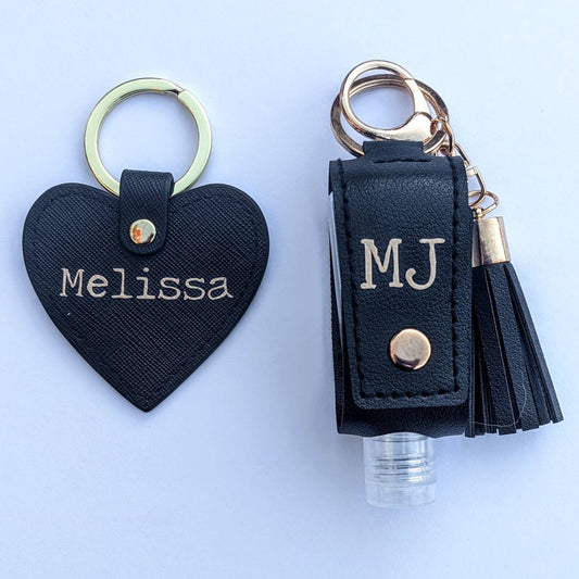 Personalised Faux Leather Sanitiser and Heart Keyring Set | Stocking Stuffer for Women | Bridal Gift | Personalised Keychain | Bag Charm |