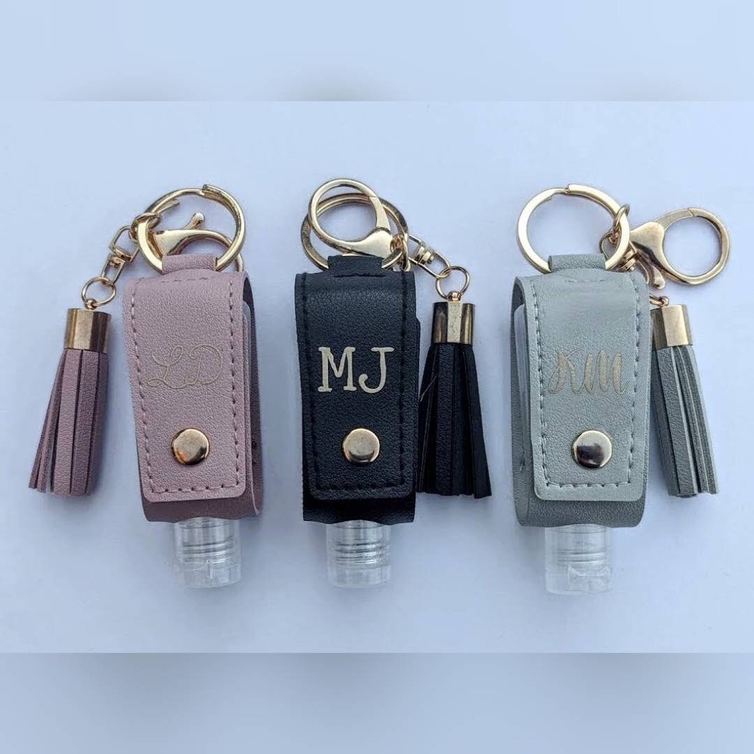 Personalised Faux Leather Sanitiser Holder with Bottle | Stocking Stuffer for Women | Bridal Gift | Personalised Keychain | Bag Charm | Hand